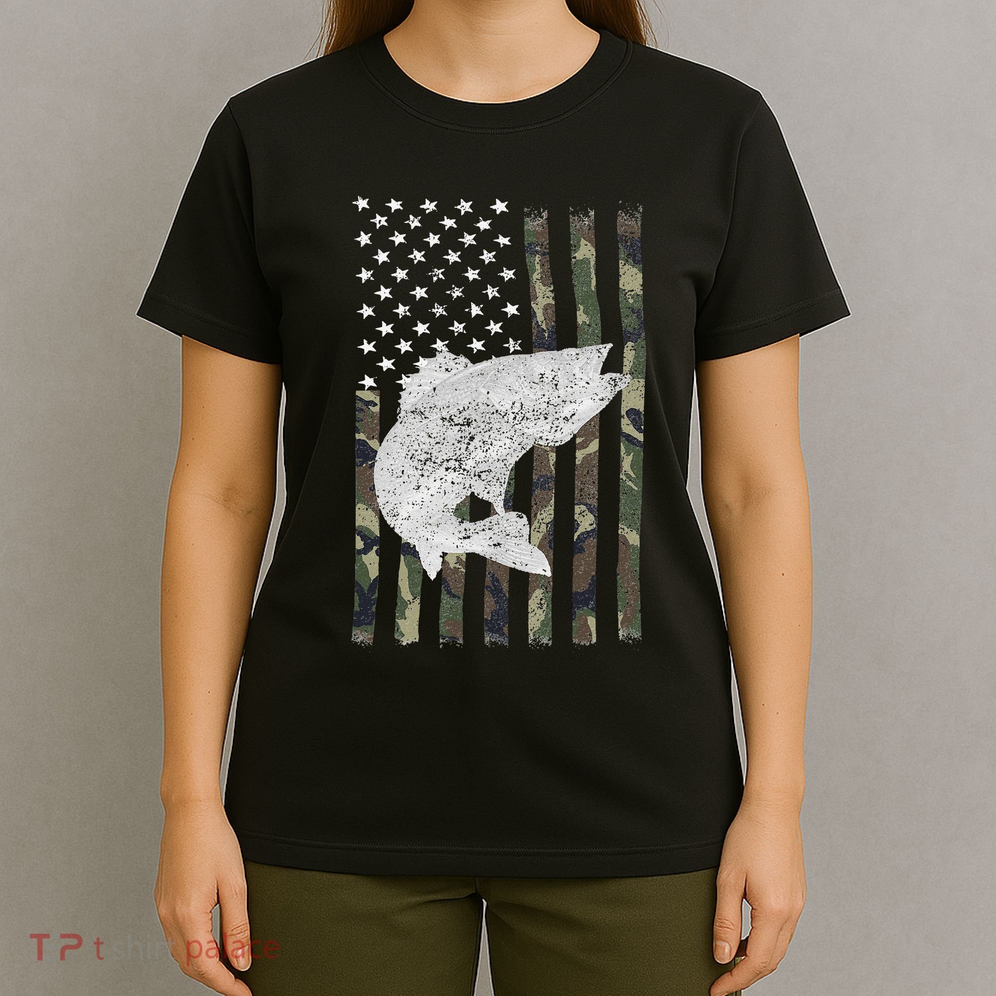 Camouflage Flag Walleye Fishing Angler T-Shirt