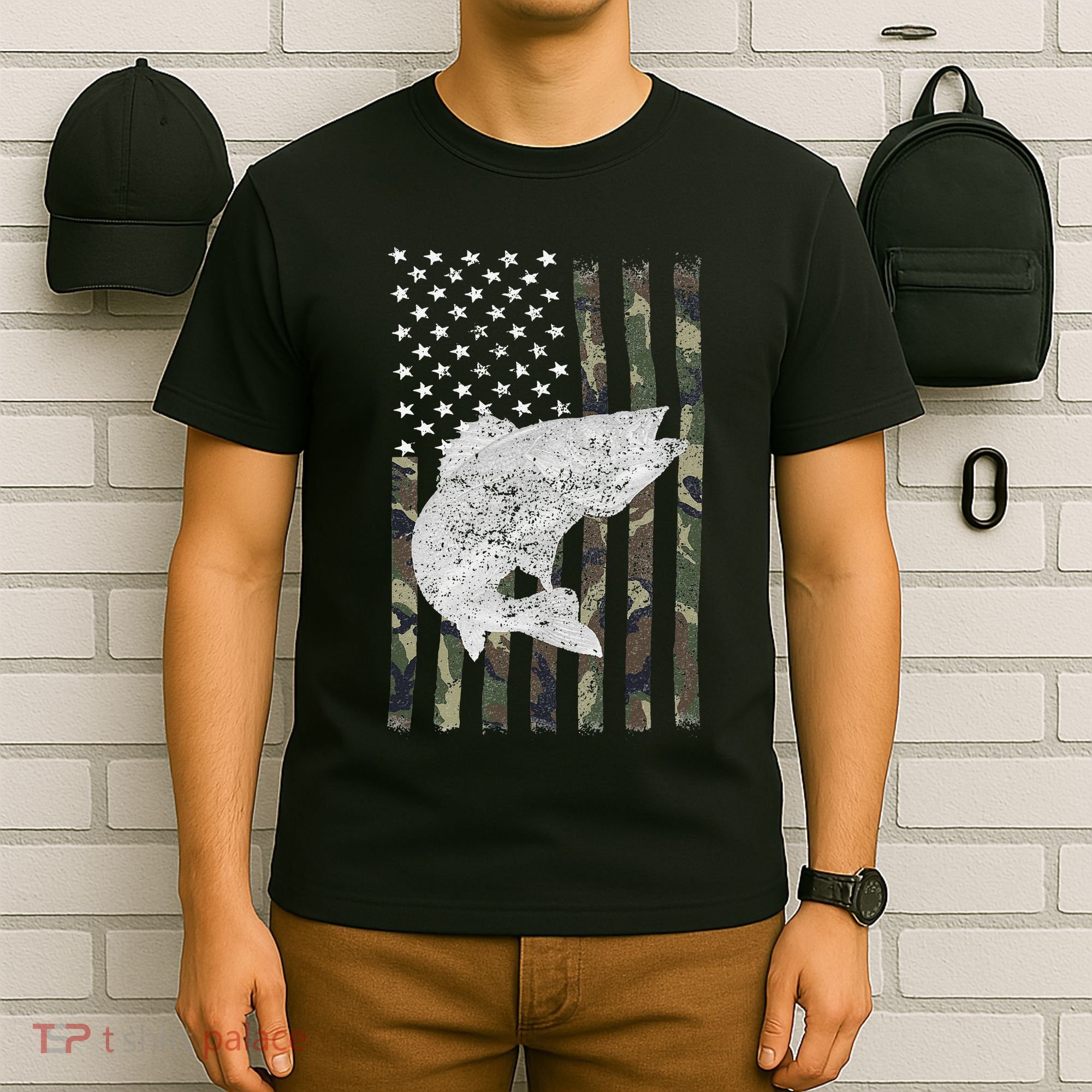 Camouflage Flag Walleye Fishing Angler T-Shirt