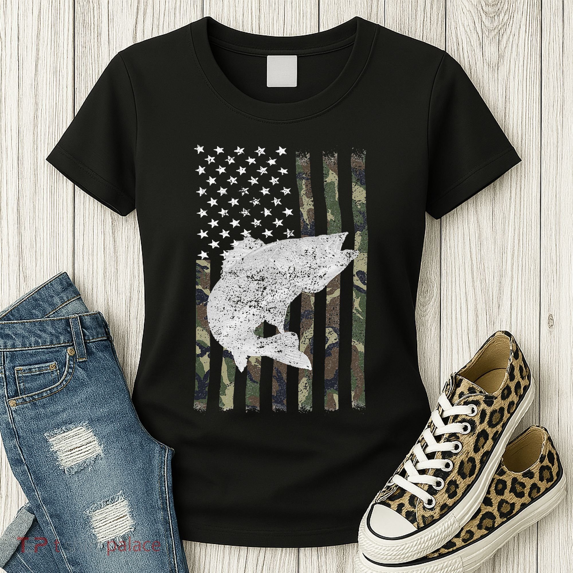Camouflage Flag Walleye Fishing Angler Women's T-Shirt