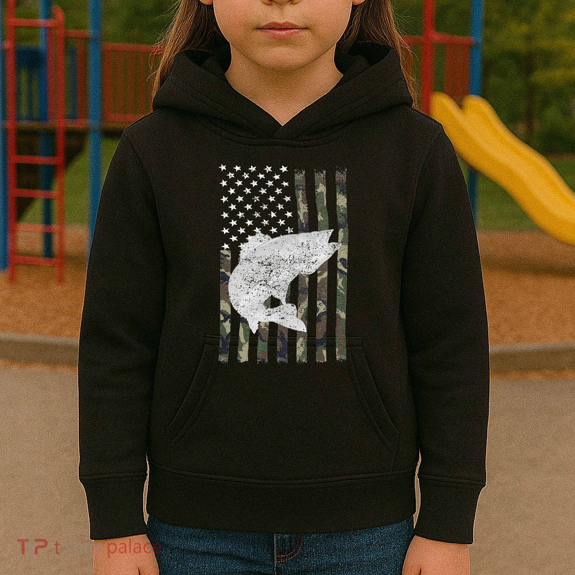Camouflage Flag Walleye Fishing Angler Kids Hoodie