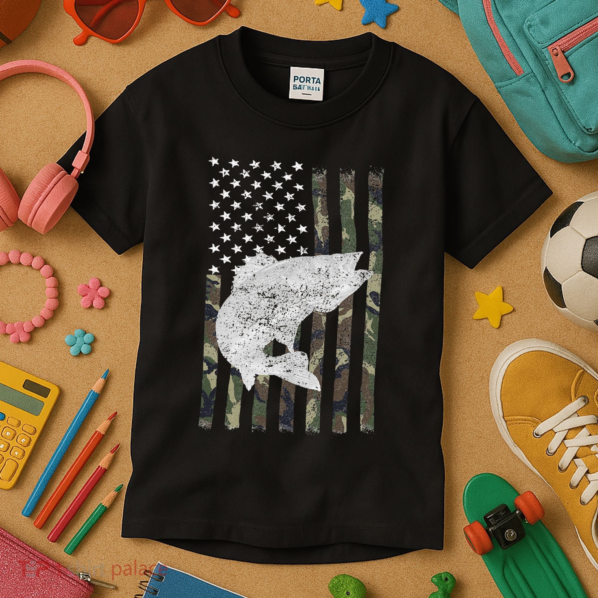 Camouflage Flag Walleye Fishing Angler Kids T-Shirt