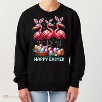 Cute Flamingo With Easter Bunny Egg Basket Happy Easter Women's Sweatshirt thumb 0