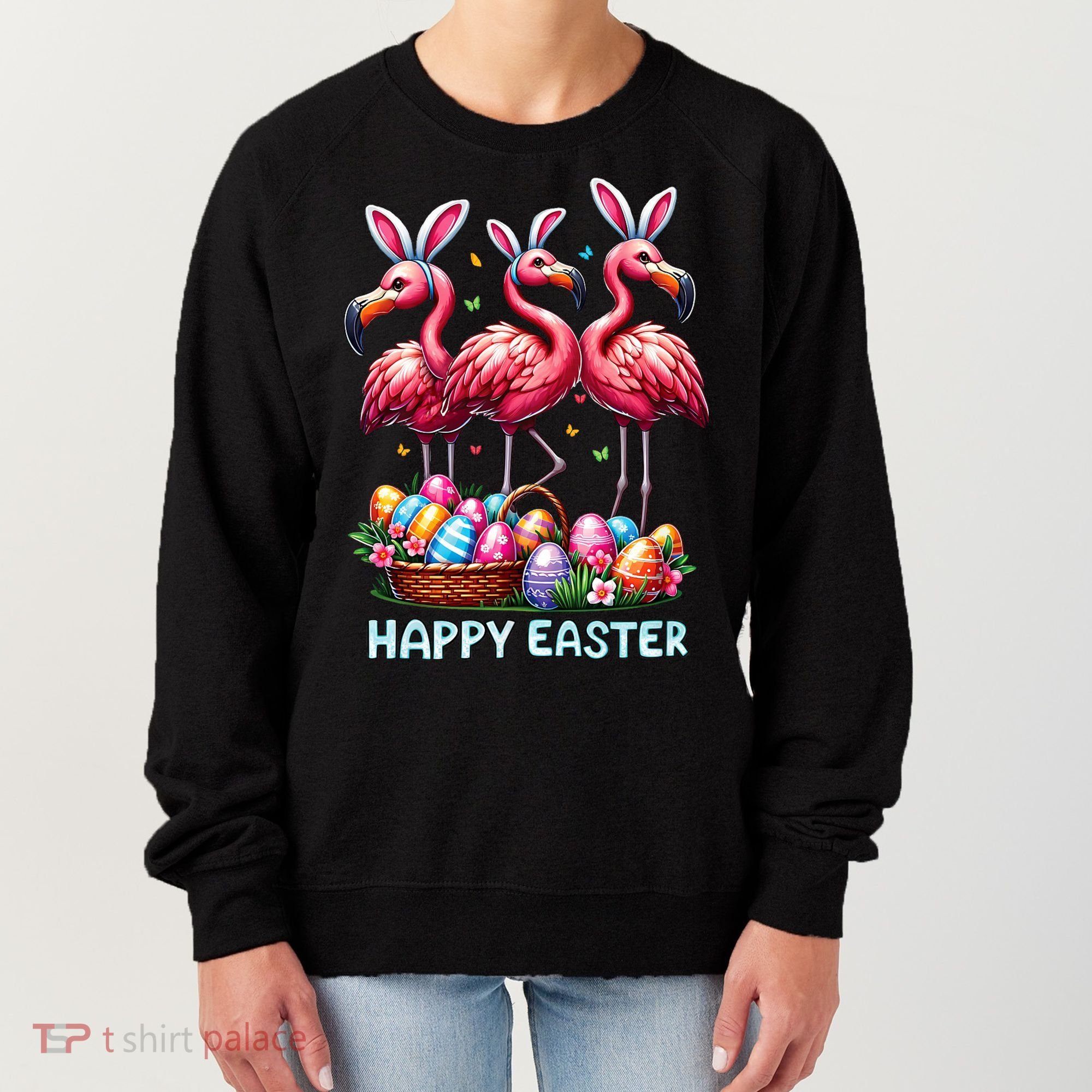 Cute Flamingo With Easter Bunny Egg Basket Happy Easter Women's Sweatshirt