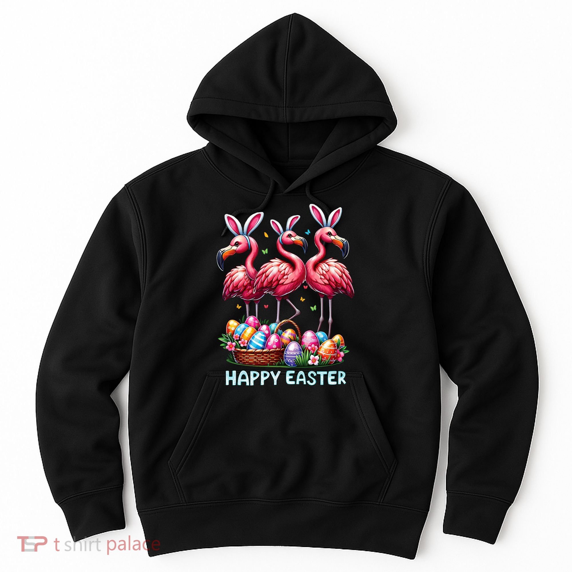 Cute Flamingo With Easter Bunny Egg Basket Happy Easter Hoodie