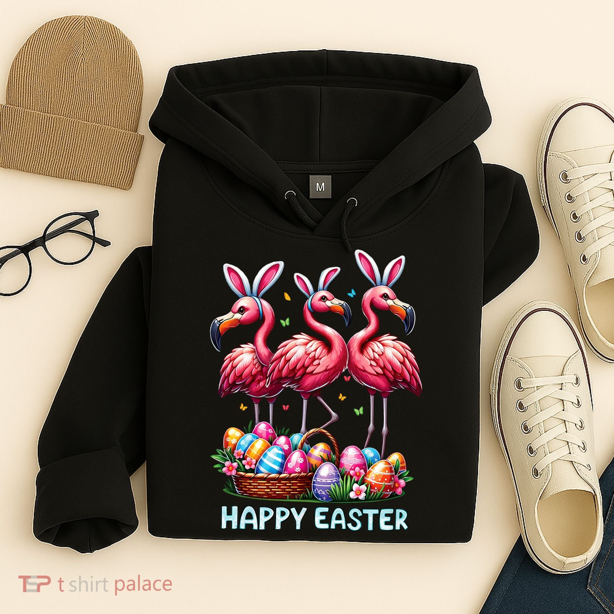 Cute Flamingo With Easter Bunny Egg Basket Happy Easter Hoodie