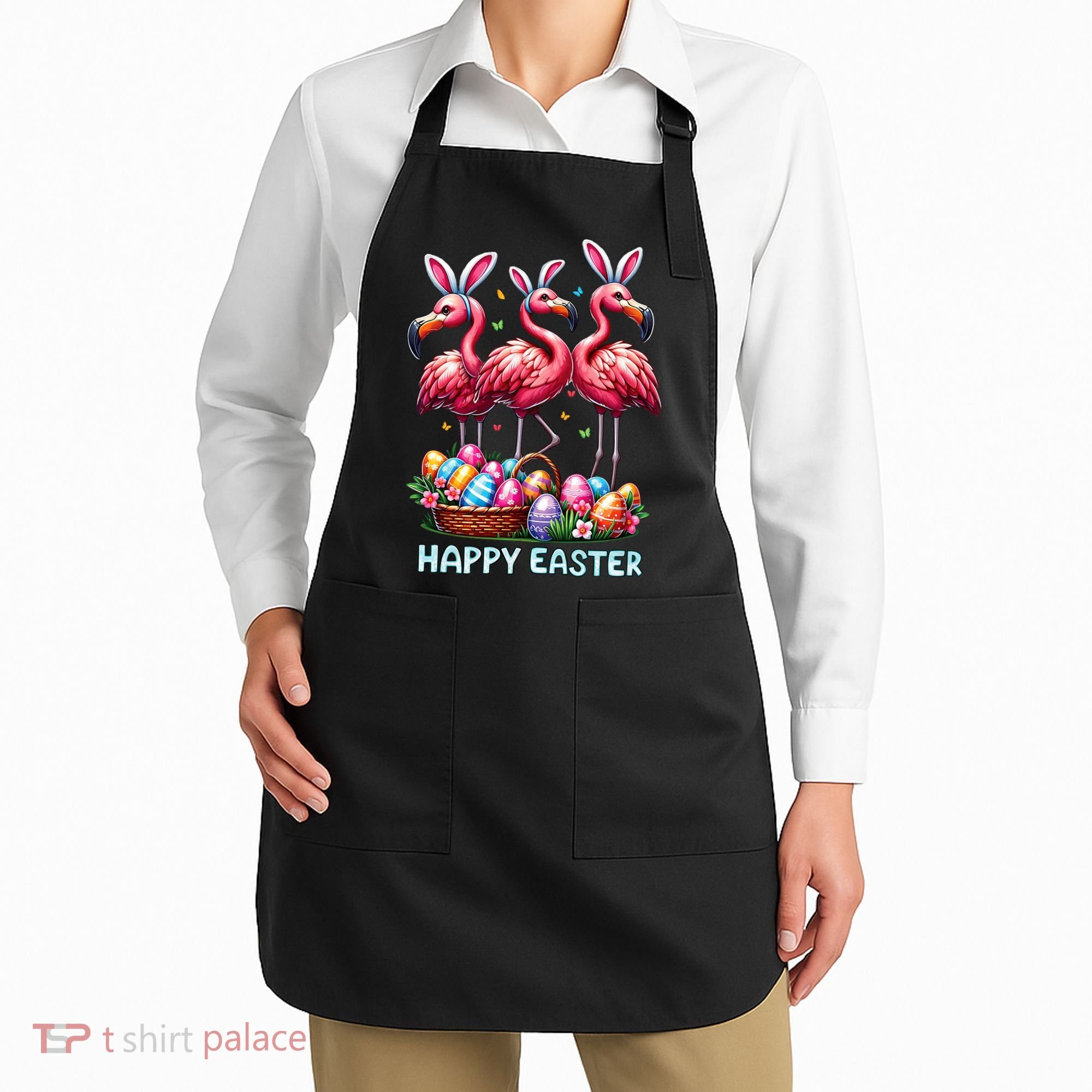 Cute Flamingo With Easter Bunny Egg Basket Happy Easter Apron