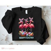 Cute Flamingo With Easter Bunny Egg Basket Happy Easter Sweatshirt thumb 2