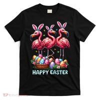 Cute Flamingo With Easter Bunny Egg Basket Happy Easter T-Shirt thumb 0