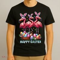 Cute Flamingo With Easter Bunny Egg Basket Happy Easter T-Shirt thumb 3