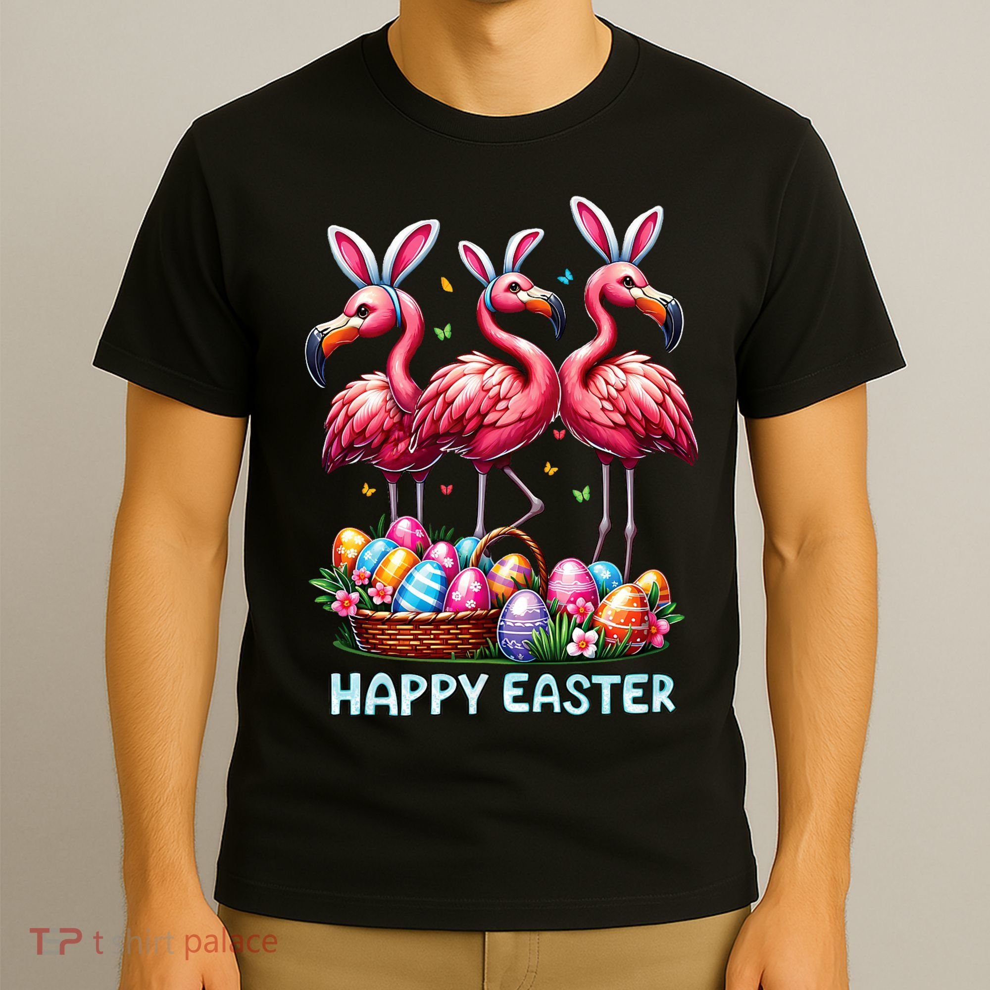 Cute Flamingo With Easter Bunny Egg Basket Happy Easter T-Shirt