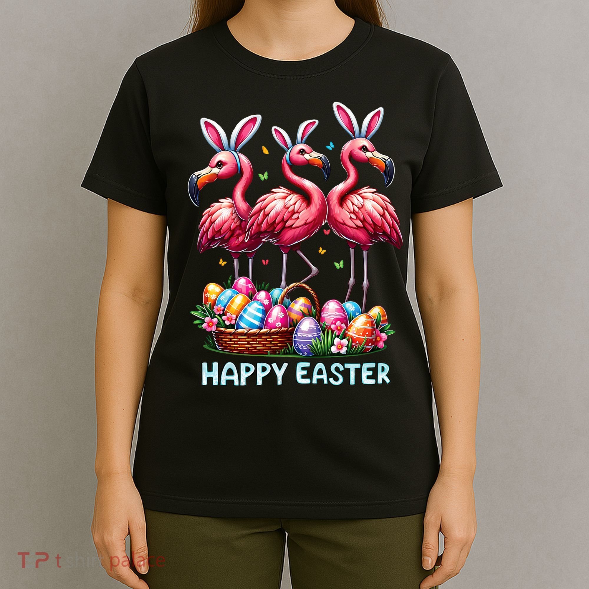 Cute Flamingo With Easter Bunny Egg Basket Happy Easter T-Shirt