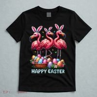 Cute Flamingo With Easter Bunny Egg Basket Happy Easter T-Shirt thumb 5