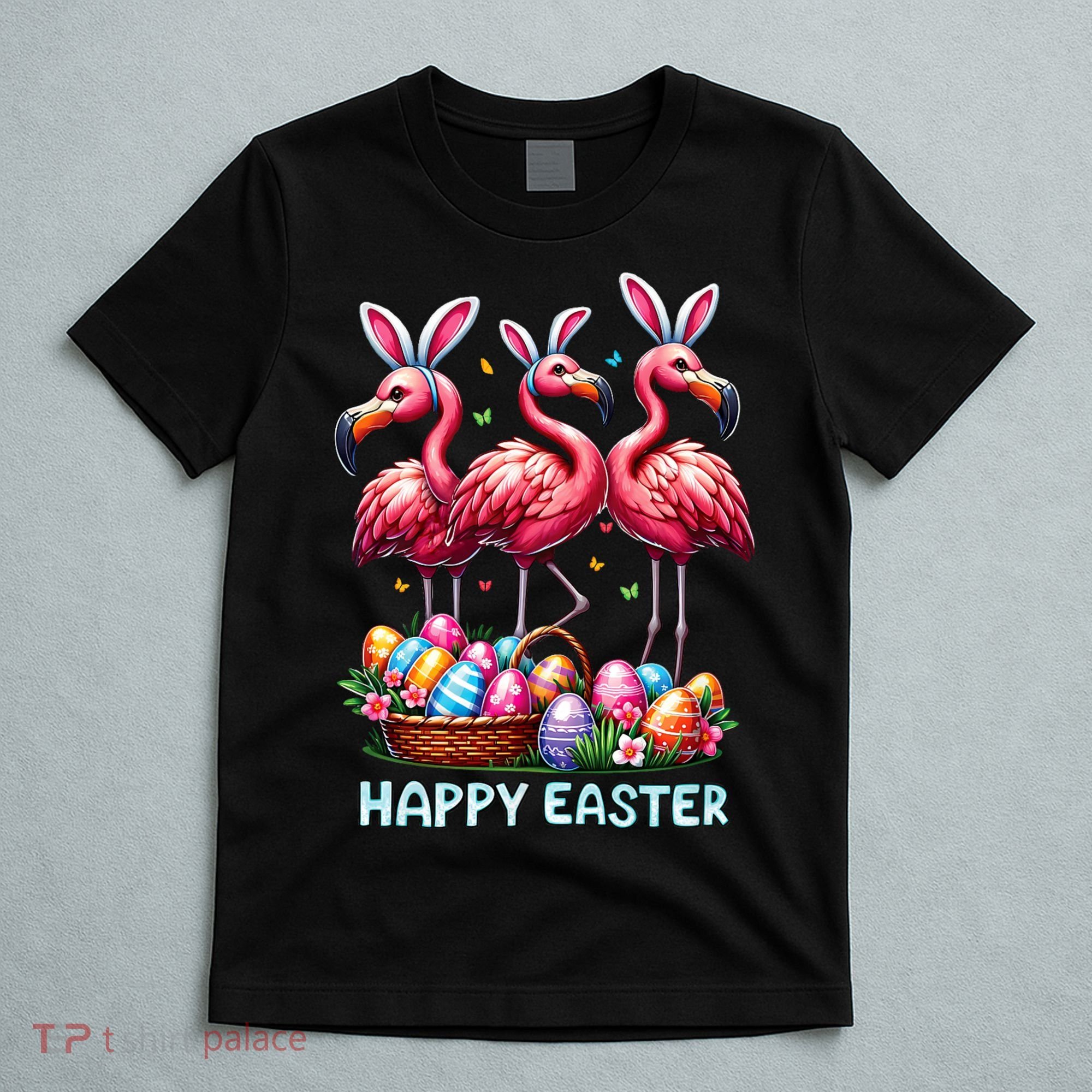 Cute Flamingo With Easter Bunny Egg Basket Happy Easter T-Shirt