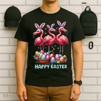 Cute Flamingo With Easter Bunny Egg Basket Happy Easter T-Shirt thumb 6