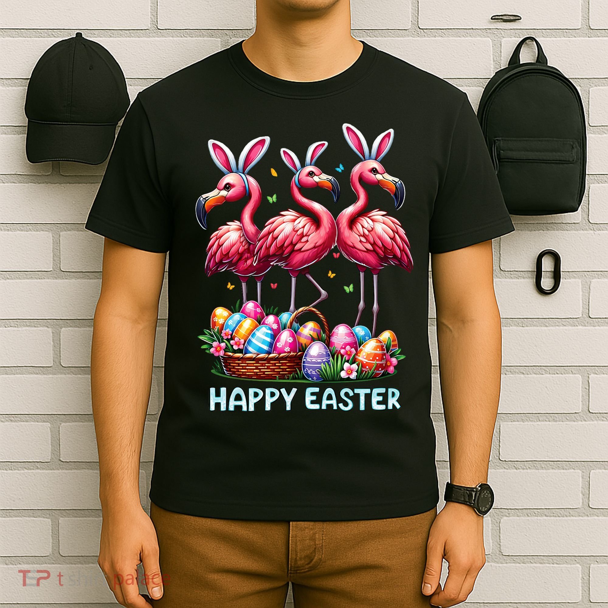 Cute Flamingo With Easter Bunny Egg Basket Happy Easter T-Shirt