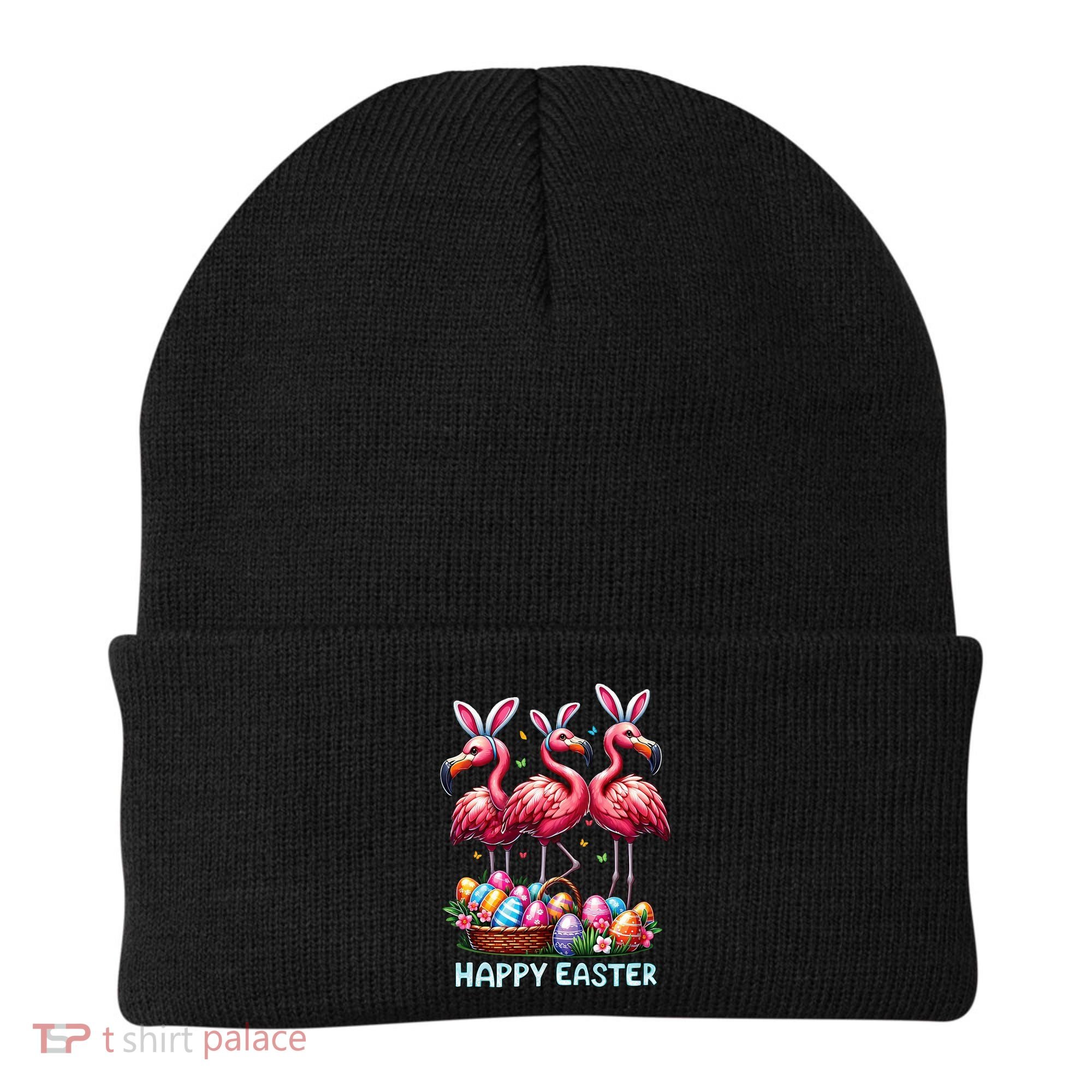Cute Flamingo With Easter Bunny Egg Basket Happy Easter Beanie