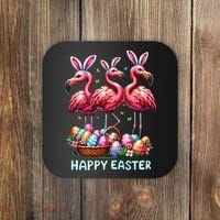 Cute Flamingo With Easter Bunny Egg Basket Happy Easter Coaster thumb 0