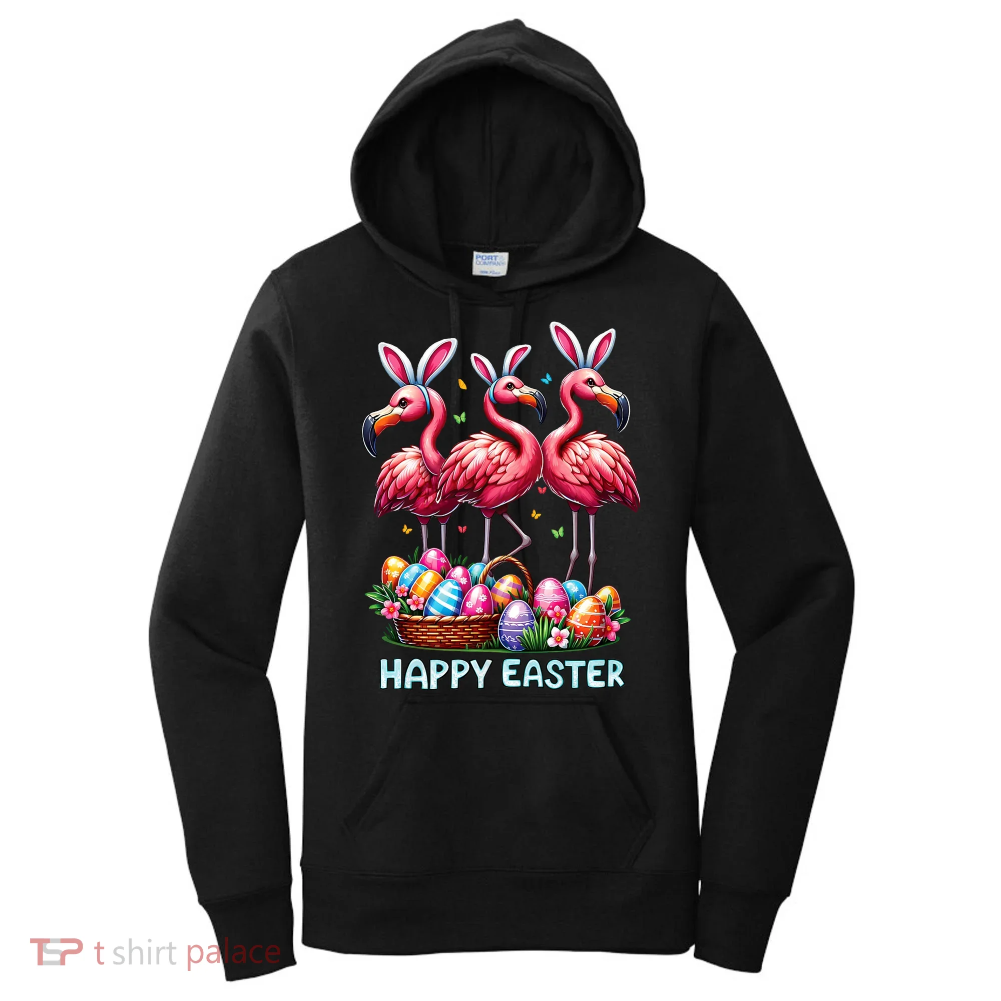 Cute Flamingo With Easter Bunny Egg Basket Happy Easter Women's Hoodie