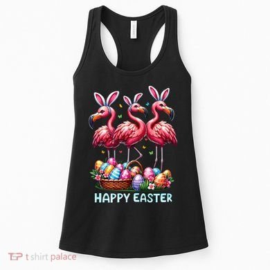 Cute Flamingo With Easter Bunny Egg Basket Happy Easter Women's Tank Top