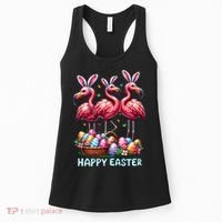 Cute Flamingo With Easter Bunny Egg Basket Happy Easter Women's Tank Top thumb 0