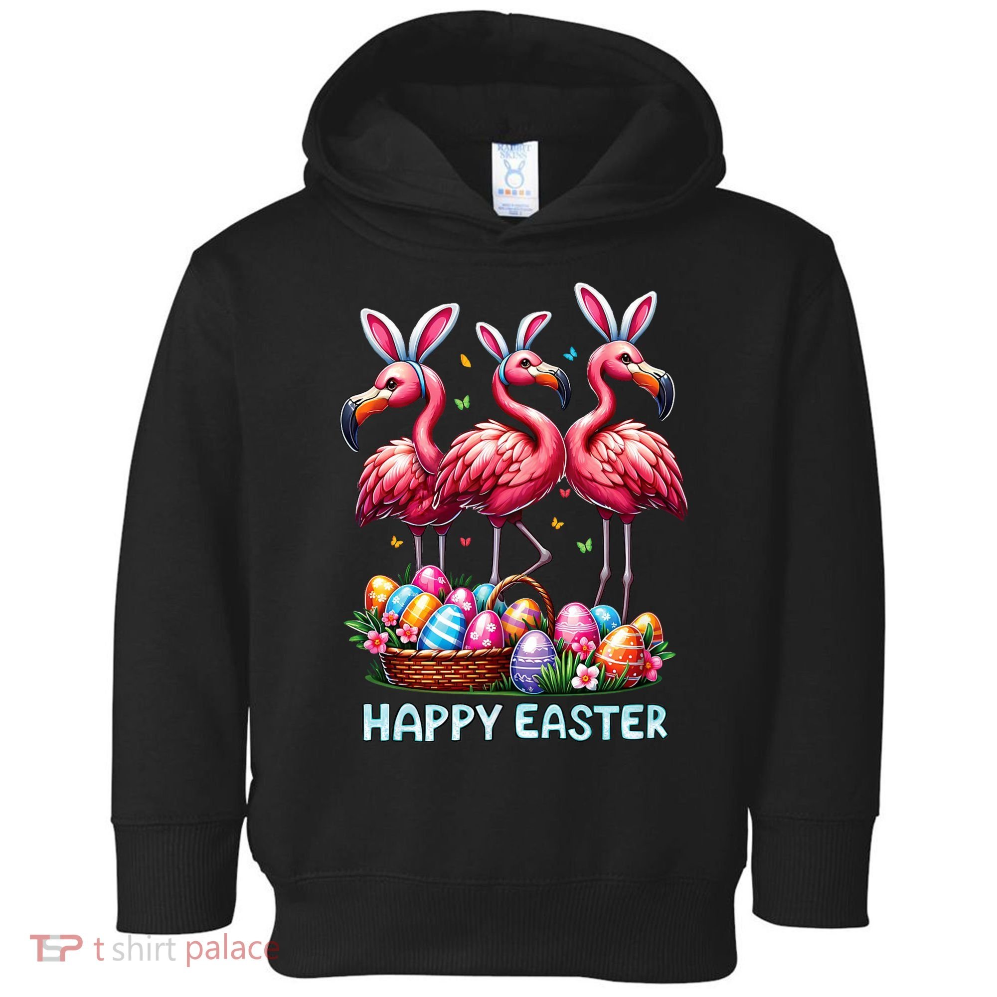 Cute Flamingo With Easter Bunny Egg Basket Happy Easter Toddler Hoodie
