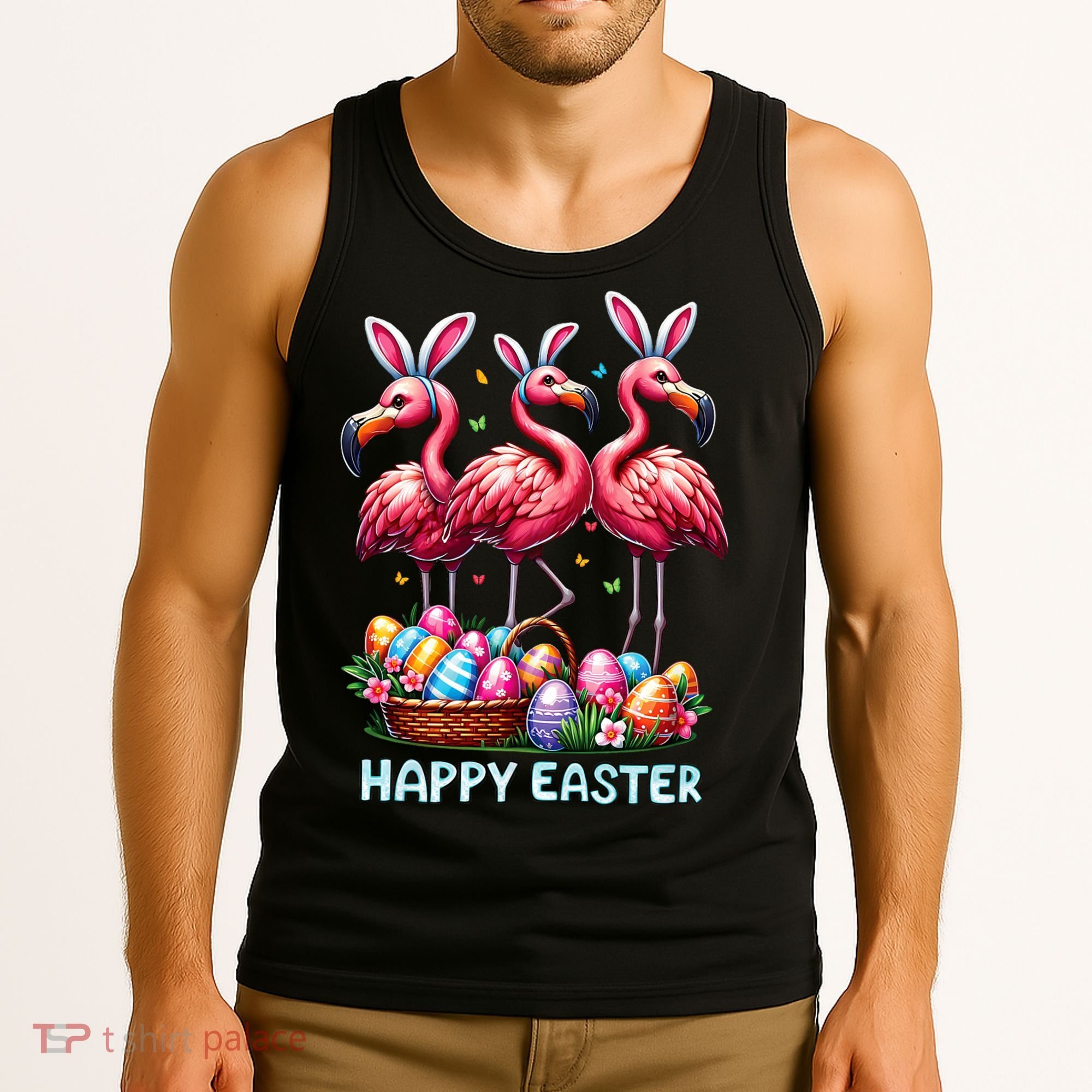 Cute Flamingo With Easter Bunny Egg Basket Happy Easter Tank Top