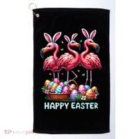 Cute Flamingo With Easter Bunny Egg Basket Happy Easter Golf Towel thumb 0