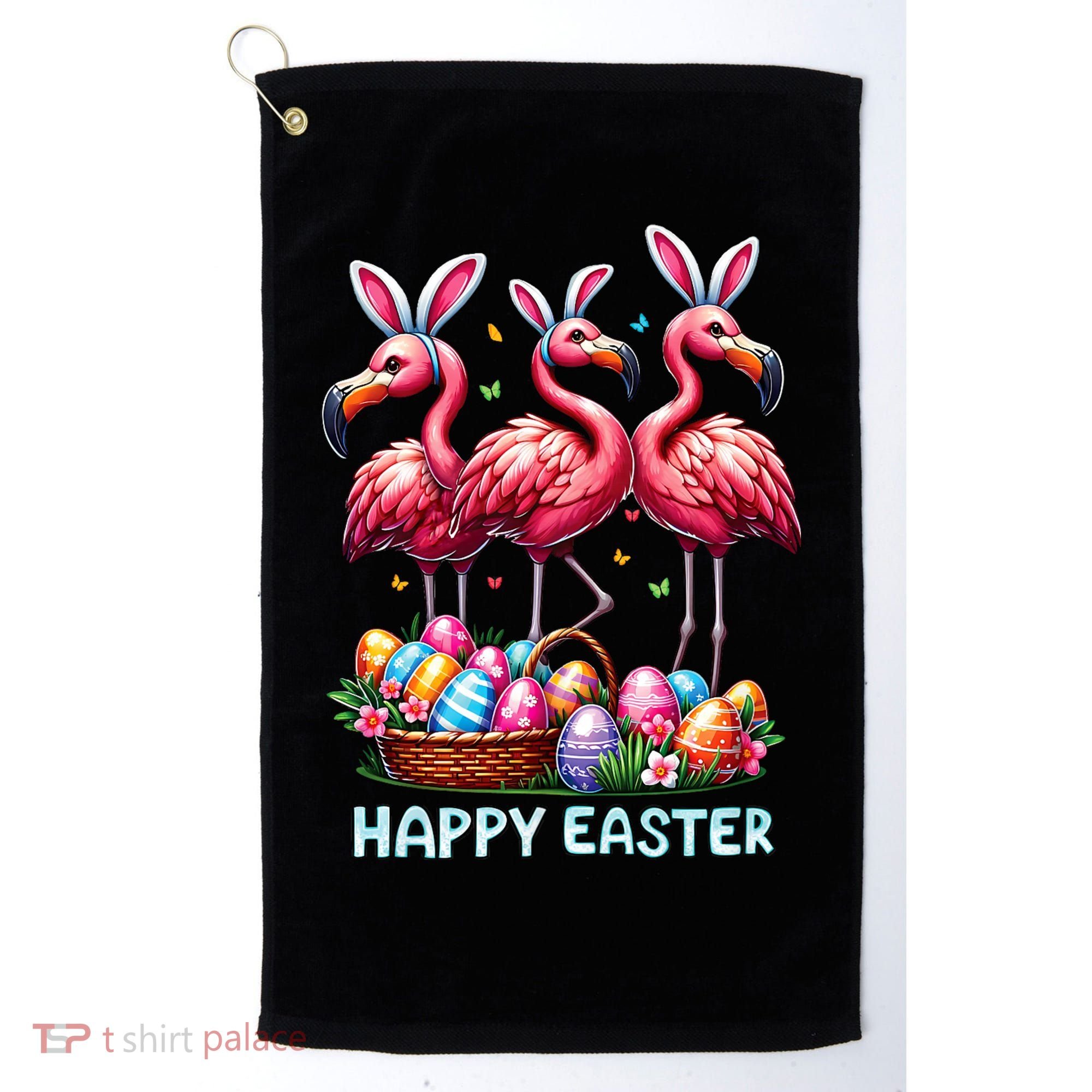 Cute Flamingo With Easter Bunny Egg Basket Happy Easter Golf Towel