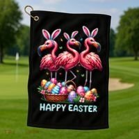 Cute Flamingo With Easter Bunny Egg Basket Happy Easter Golf Towel thumb 1