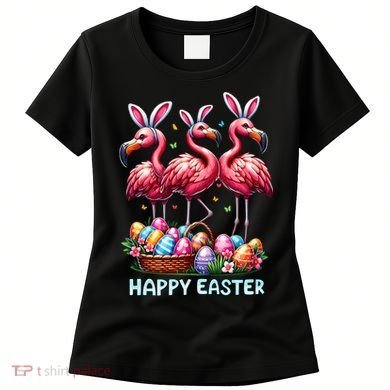 Cute Flamingo With Easter Bunny Egg Basket Happy Easter Women's T-Shirt