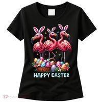 Cute Flamingo With Easter Bunny Egg Basket Happy Easter Women's T-Shirt thumb 0