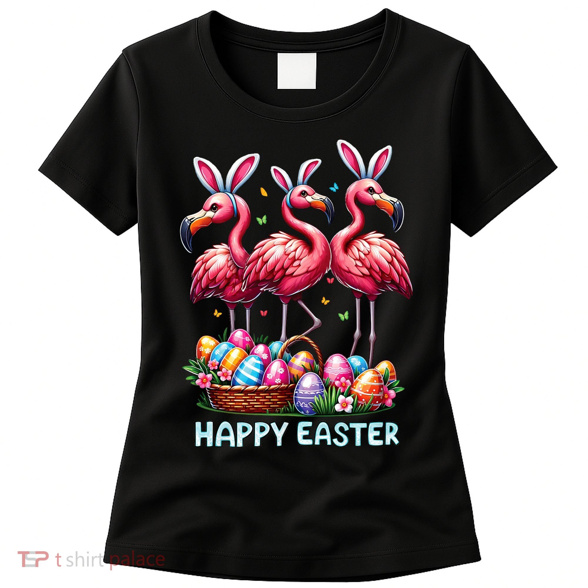 Cute Flamingo With Easter Bunny Egg Basket Happy Easter Women's T-Shirt