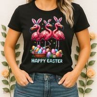 Cute Flamingo With Easter Bunny Egg Basket Happy Easter Women's T-Shirt thumb 2