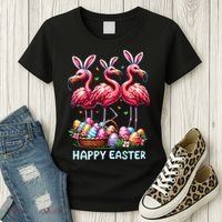 Cute Flamingo With Easter Bunny Egg Basket Happy Easter Women's T-Shirt thumb 3
