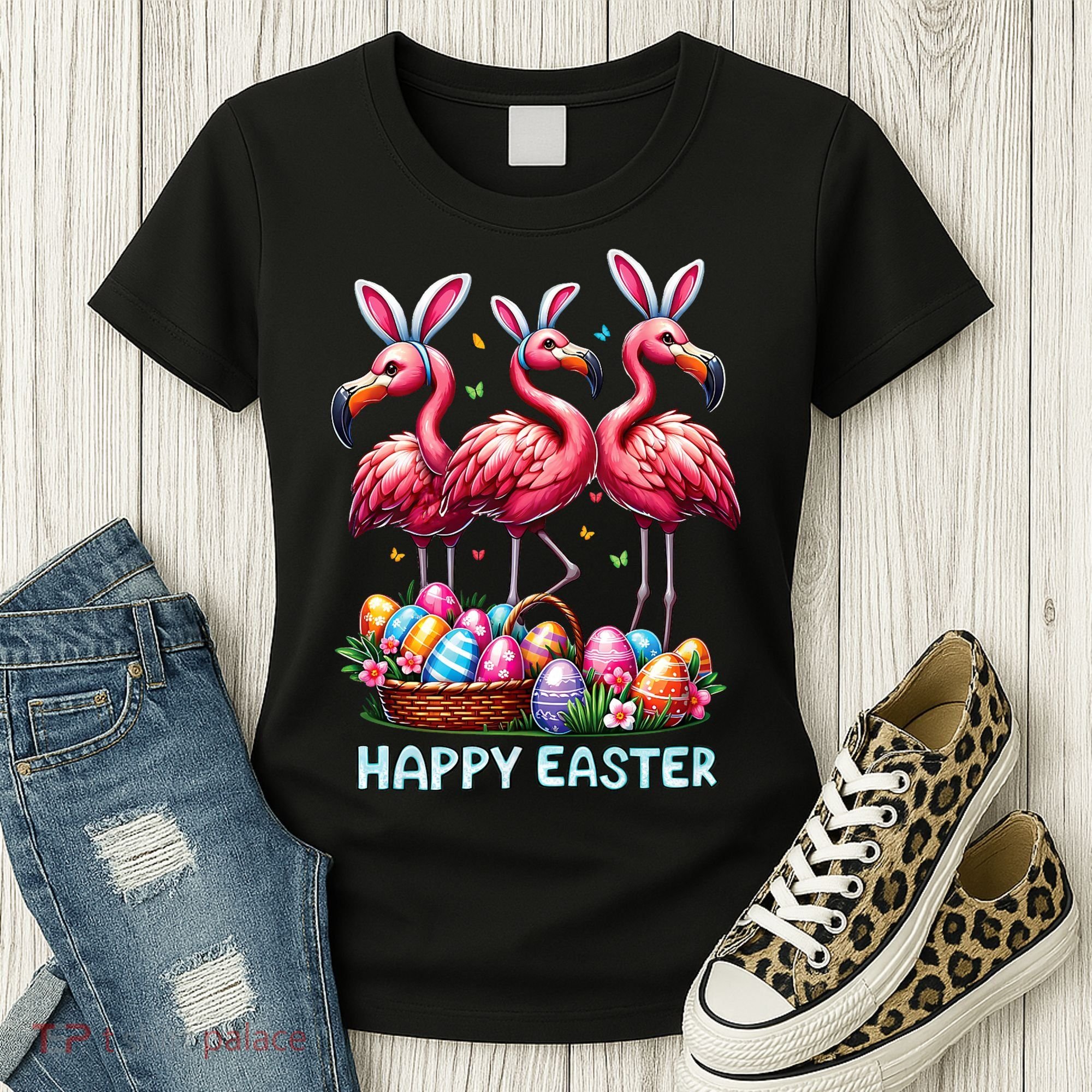 Cute Flamingo With Easter Bunny Egg Basket Happy Easter Women's T-Shirt
