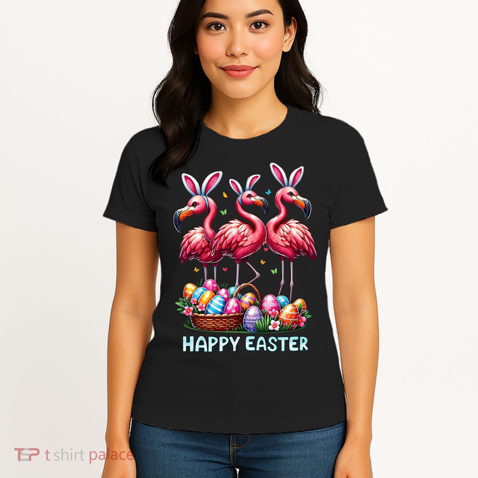 Cute Flamingo With Easter Bunny Egg Basket Happy Easter Women's T-Shirt