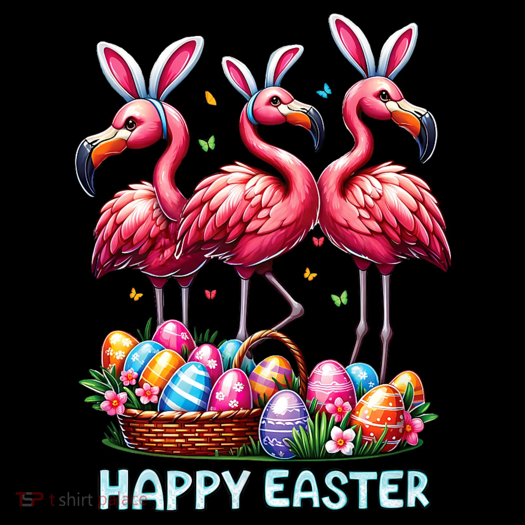 Cute Flamingo With Easter Bunny Egg Basket Happy Easter Women's T-Shirt
