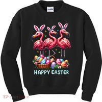 Cute Flamingo With Easter Bunny Egg Basket Happy Easter Kids Sweatshirt thumb 0