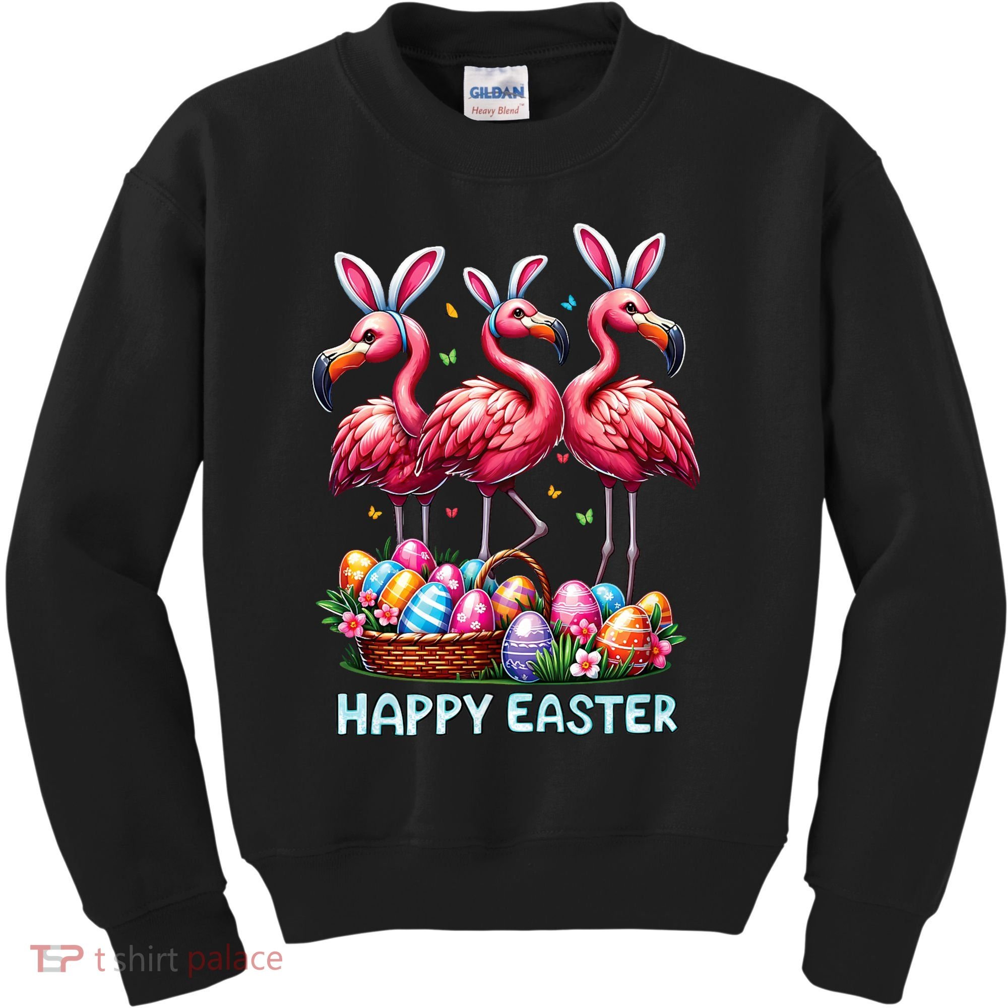 Cute Flamingo With Easter Bunny Egg Basket Happy Easter Kids Sweatshirt