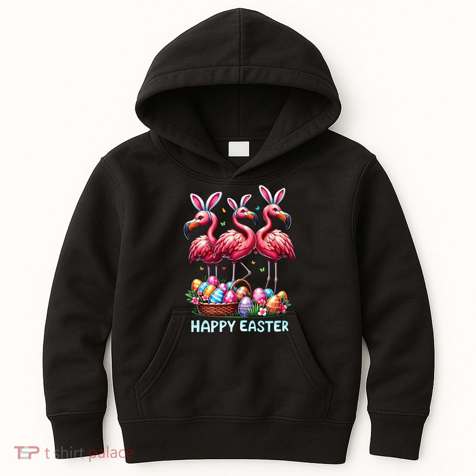 Cute Flamingo With Easter Bunny Egg Basket Happy Easter Kids Hoodie