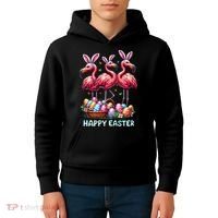 Cute Flamingo With Easter Bunny Egg Basket Happy Easter Kids Hoodie thumb 4