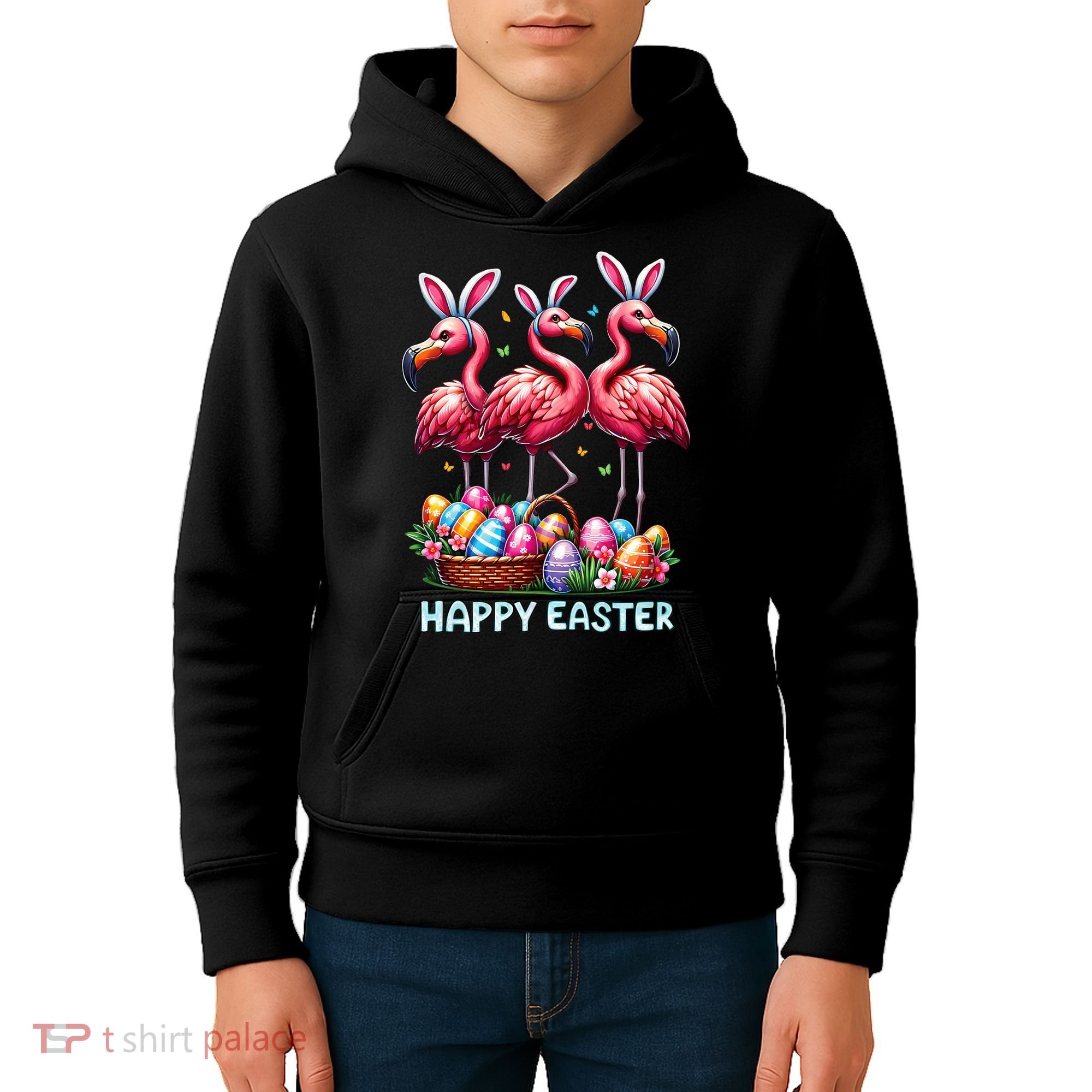 Cute Flamingo With Easter Bunny Egg Basket Happy Easter Kids Hoodie