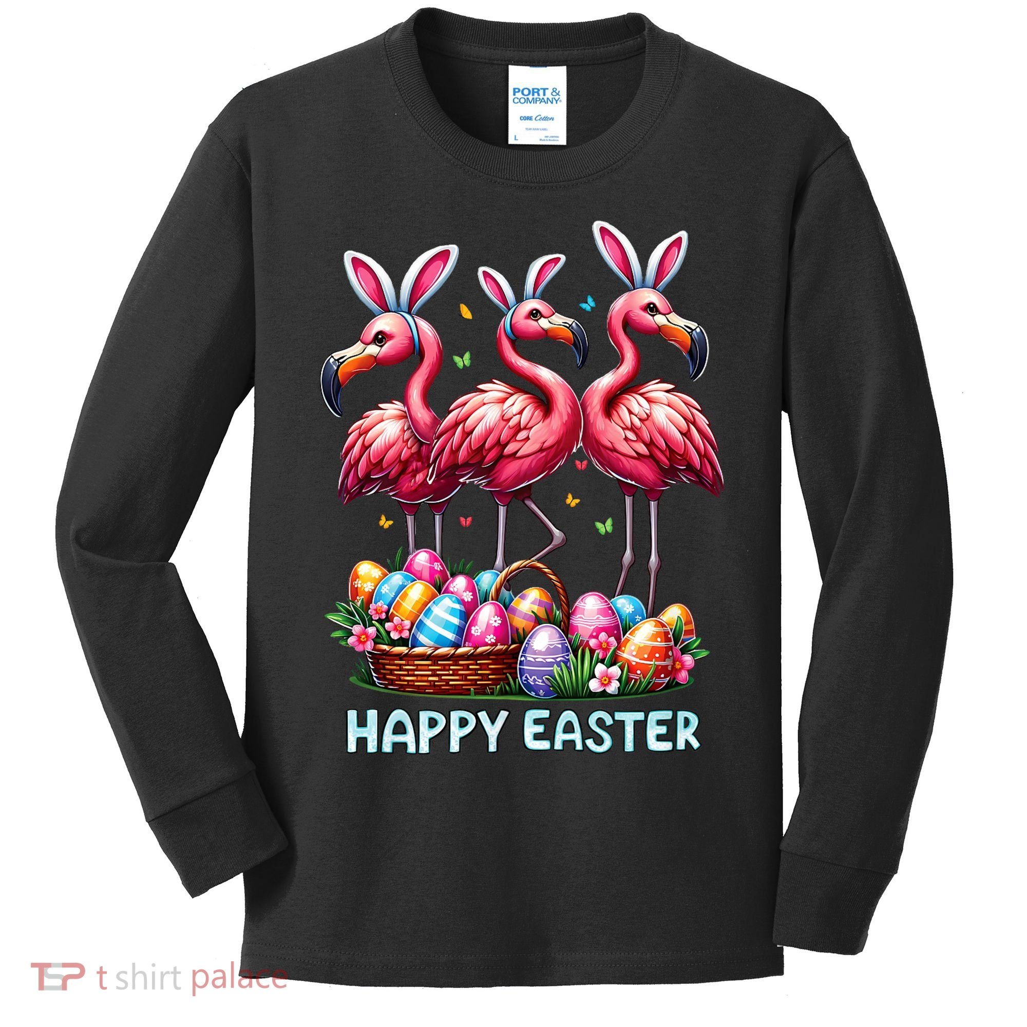 Cute Flamingo With Easter Bunny Egg Basket Happy Easter Kids Long Sleeve Shirt