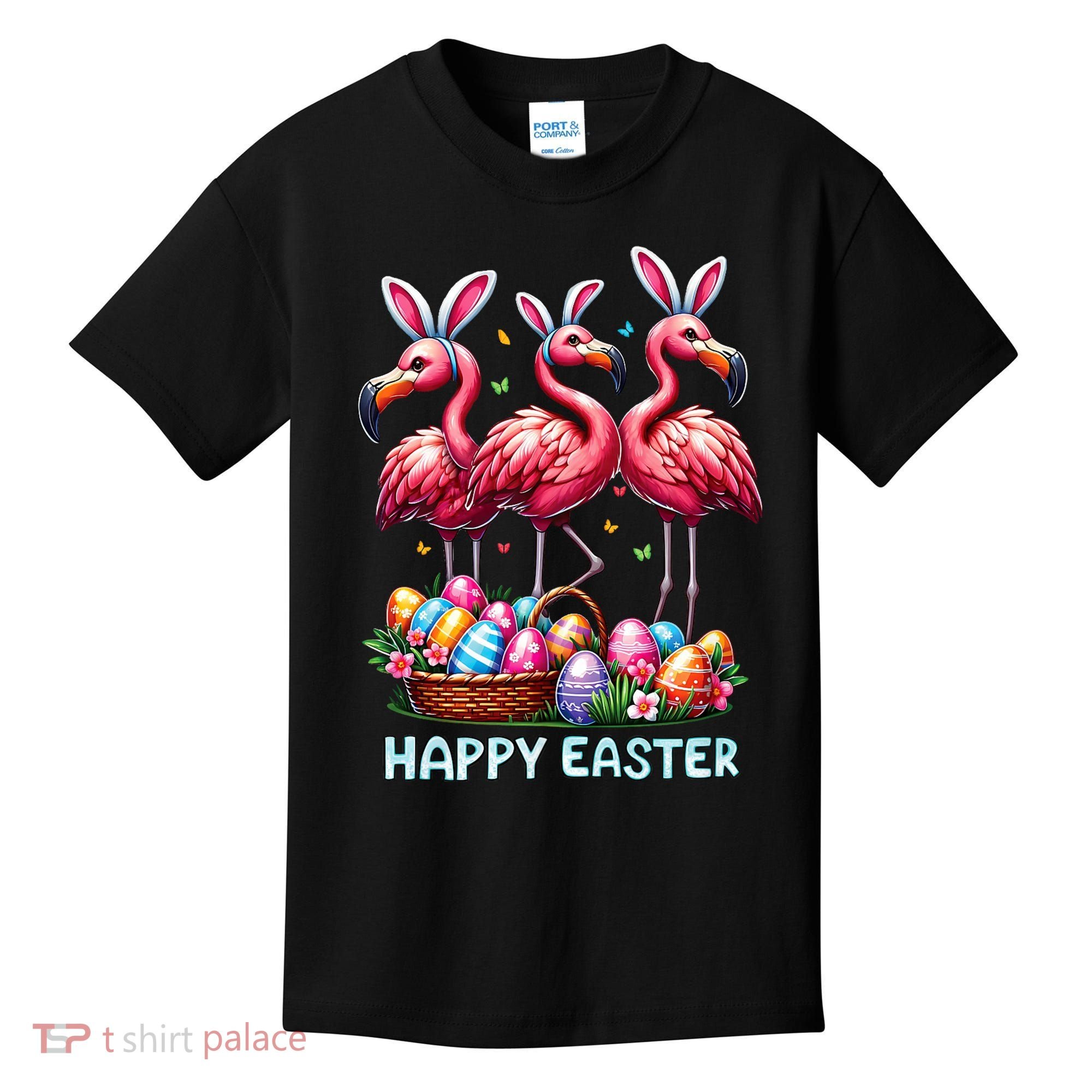 Cute Flamingo With Easter Bunny Egg Basket Happy Easter Kids T-Shirt