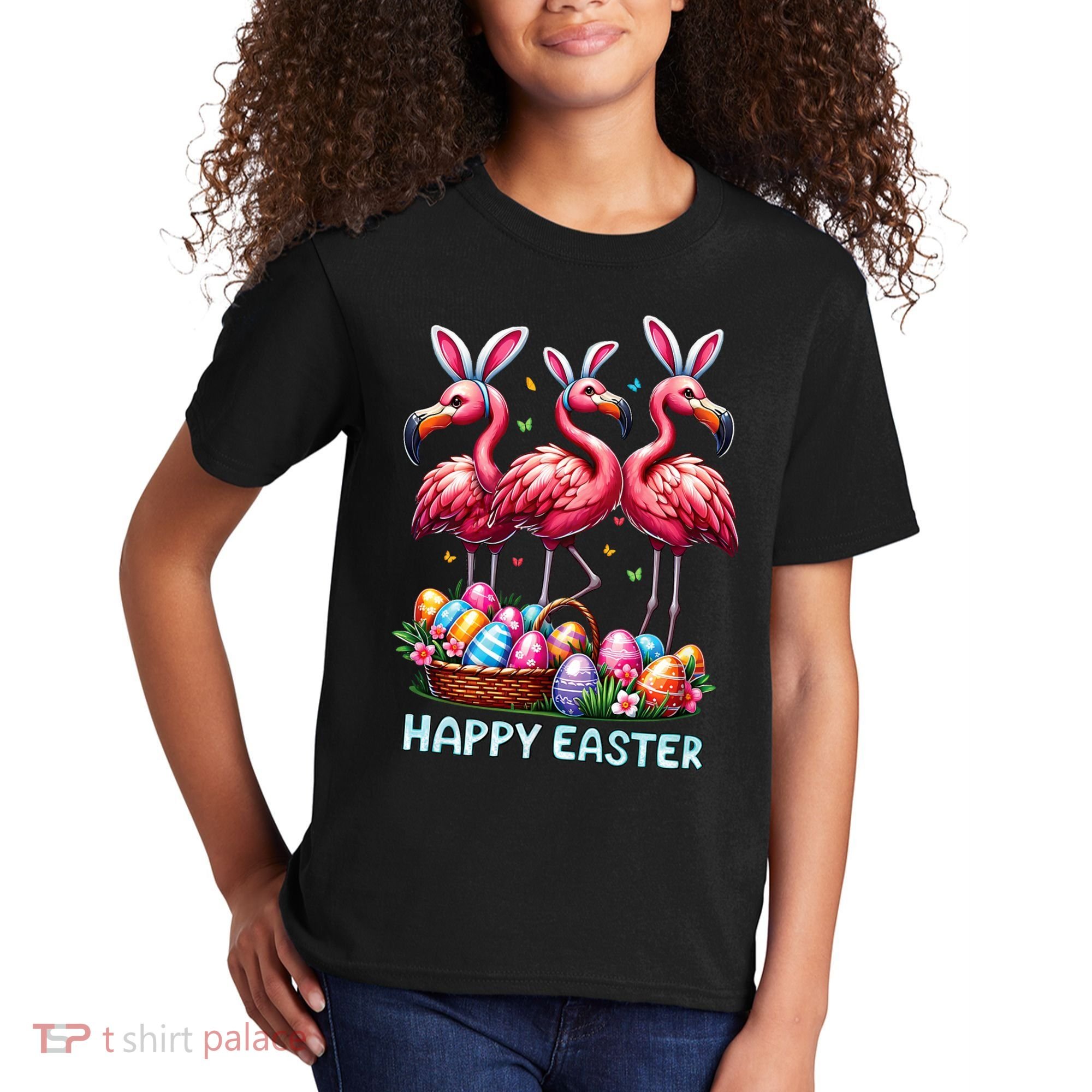 Cute Flamingo With Easter Bunny Egg Basket Happy Easter Kids T-Shirt