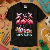 Cute Flamingo With Easter Bunny Egg Basket Happy Easter Kids T-Shirt thumb 3