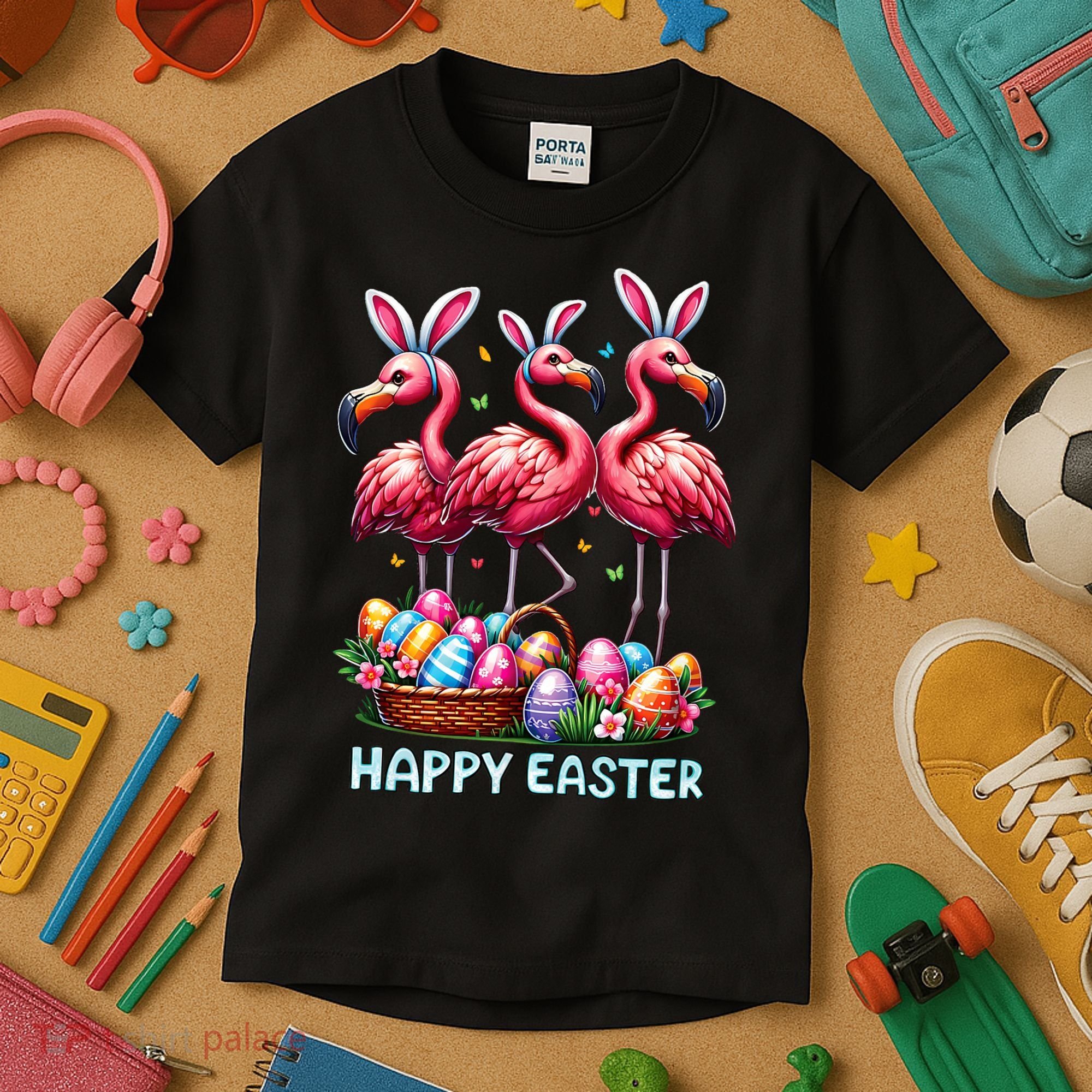 Cute Flamingo With Easter Bunny Egg Basket Happy Easter Kids T-Shirt