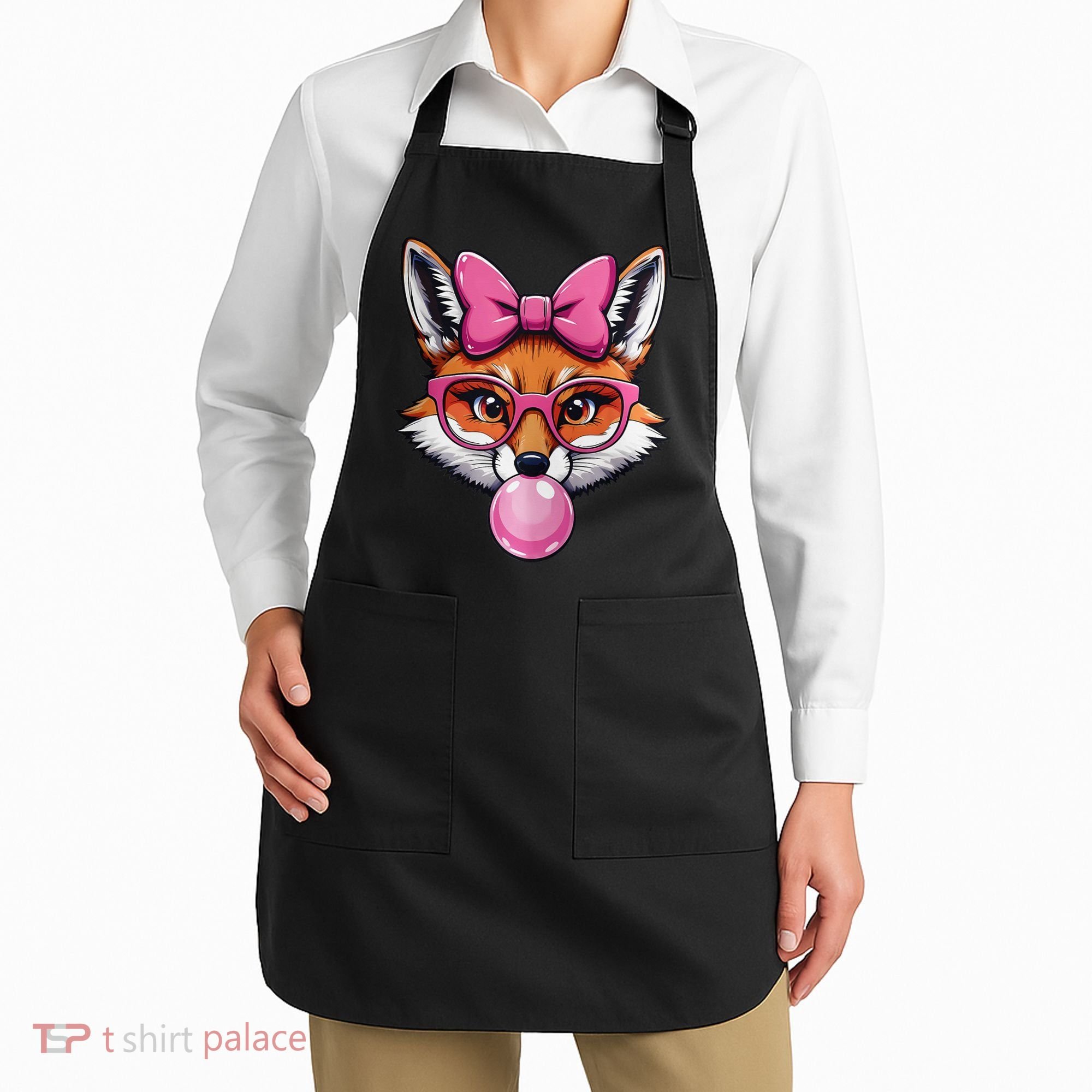 Cute Fox With Glasses And Blowing Gum Coquette Bow Women Apron