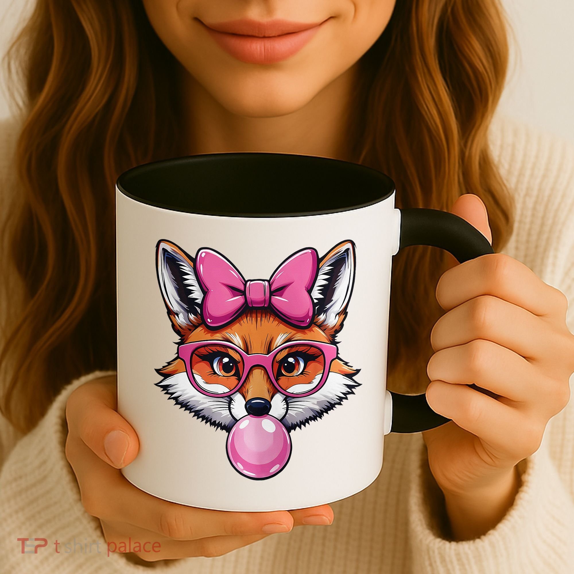 Cute Fox With Glasses And Blowing Gum Coquette Bow Women Coffee Mug