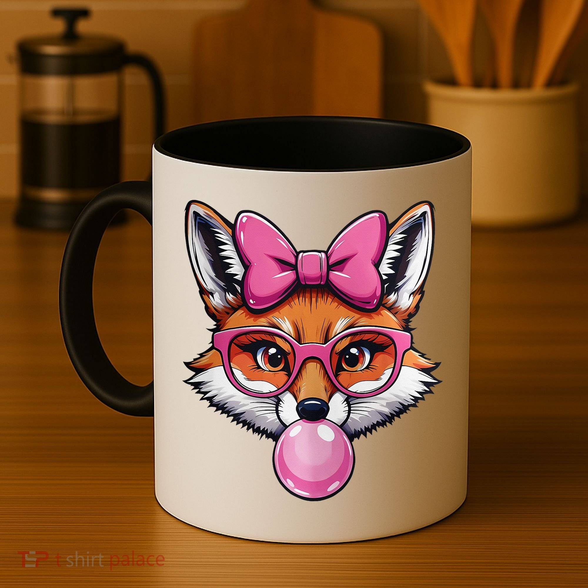Cute Fox With Glasses And Blowing Gum Coquette Bow Women Coffee Mug